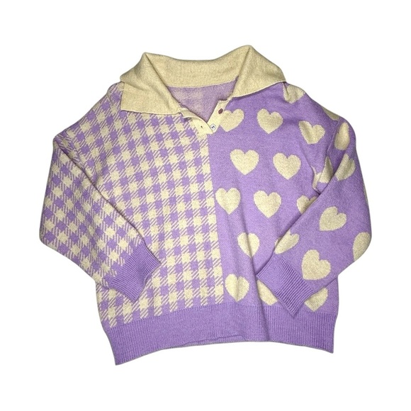 Kawaii Colorblock Womens Large Heart Plaid Purple Collar Sweater - Picture 2 of 4